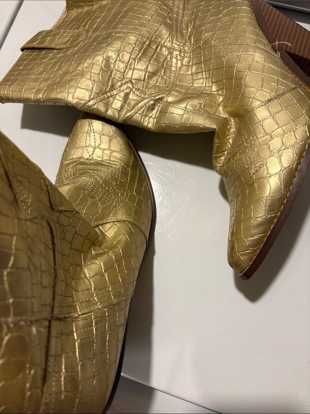 Metallic Gold Croc-Textured Women's Heeled Boots